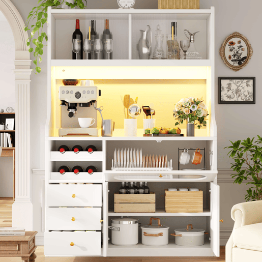 Armário alto de cozinha de 120 cm - LED RGB com aplicação, portas de vidro, suporte para garrafas e 3 gavetas - Branco Armário alto de cozinha de 120 cm - LED RGB com aplicação, portas de vidro, suporte para garrafas e 3 gavetas - Branco
