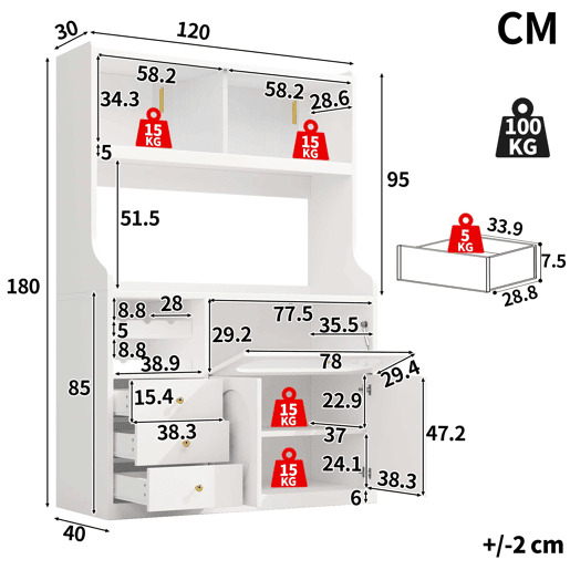 Armário alto de cozinha de 120 cm - LED RGB com aplicação, portas de vidro, suporte para garrafas e 3 gavetas - Branco Armário alto de cozinha de 120 cm - LED RGB com aplicação, portas de vidro, suporte para garrafas e 3 gavetas - Branco