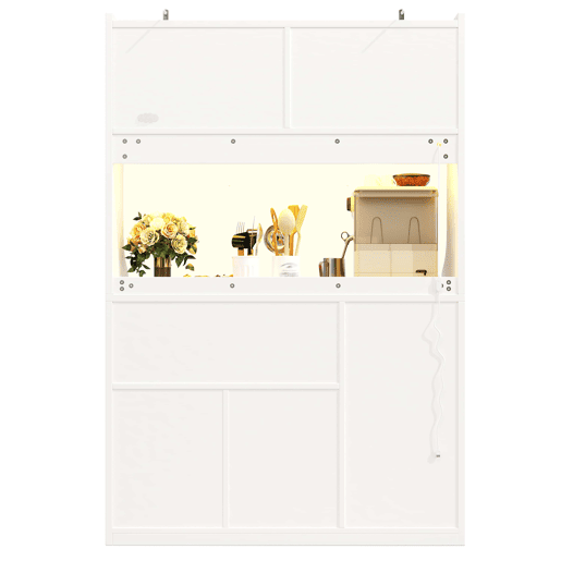 Armário alto de cozinha de 120 cm - LED RGB com aplicação, portas de vidro, suporte para garrafas e 3 gavetas - Branco Armário alto de cozinha de 120 cm - LED RGB com aplicação, portas de vidro, suporte para garrafas e 3 gavetas - Branco