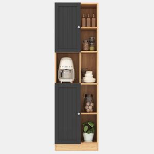 Armário de canto para cozinha 50 x 35,5 x 170 cm u2013 6 prateleiras abertas, 2 portas, prateleiras ajustáveis e design anti-tombamento u2013 Preto e madeira natural