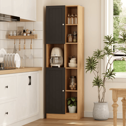 Armário de canto para cozinha 50 x 35,5 x 170 cm u2013 6 prateleiras abertas, 2 portas, prateleiras ajustáveis e design anti-tombamento u2013 Preto e madeira natural