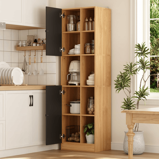 Armário de canto para cozinha 50 x 35,5 x 170 cm u2013 6 prateleiras abertas, 2 portas, prateleiras ajustáveis e design anti-tombamento u2013 Preto e madeira natural