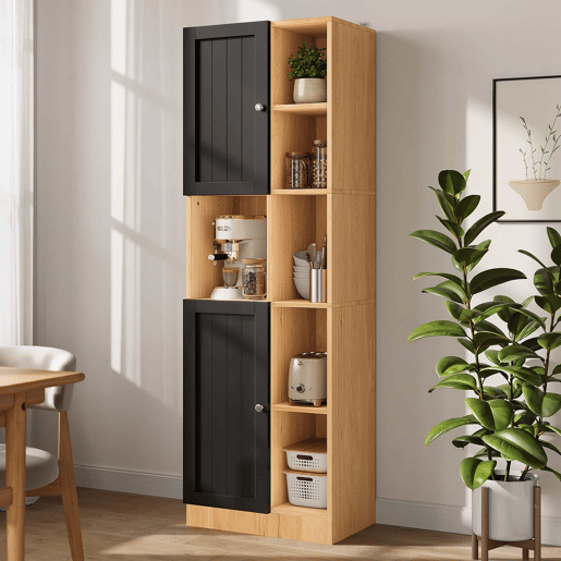 Armário de canto para cozinha 50 x 35,5 x 170 cm u2013 6 prateleiras abertas, 2 portas, prateleiras ajustáveis e design anti-tombamento u2013 Preto e madeira natural