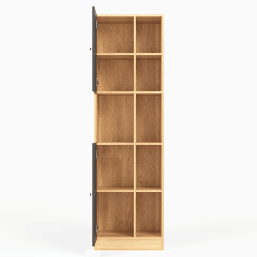 Armário de canto para cozinha 50 x 35,5 x 170 cm u2013 6 prateleiras abertas, 2 portas, prateleiras ajustáveis e design anti-tombamento u2013 Preto e madeira natural