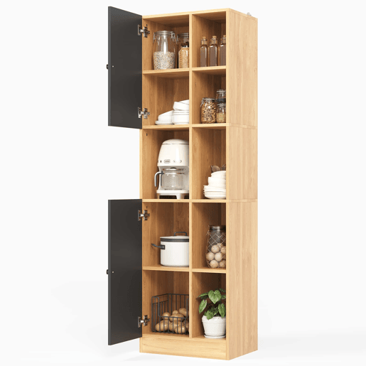 Armário de canto para cozinha 50 x 35,5 x 170 cm u2013 6 prateleiras abertas, 2 portas, prateleiras ajustáveis e design anti-tombamento u2013 Preto e madeira natural