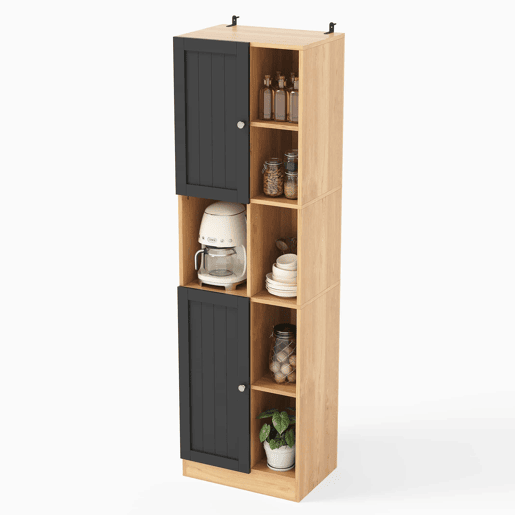 Armário de canto para cozinha 50 x 35,5 x 170 cm u2013 6 prateleiras abertas, 2 portas, prateleiras ajustáveis e design anti-tombamento u2013 Preto e madeira natural