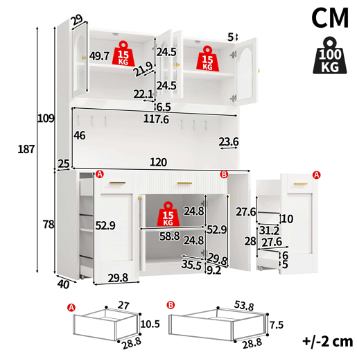 Armário alto de cozinha de 120 cm - LED RGB com controlo por aplicação, vitrinas de vidro, gavetas e prateleiras duplas giratórias - Branco Armário alto de cozinha de 120 cm - LED RGB com controlo por aplicação, vitrinas de vidro, gavetas e prateleiras duplas giratórias - Branco