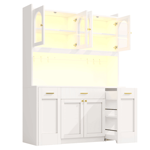 Armário alto de cozinha de 120 cm - LED RGB com controlo por aplicação, vitrinas de vidro, gavetas e prateleiras duplas giratórias - Branco Armário alto de cozinha de 120 cm - LED RGB com controlo por aplicação, vitrinas de vidro, gavetas e prateleiras duplas giratórias - Branco