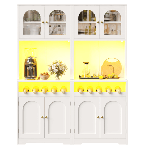 Conjunto de 2 vitrinas altas de 180 cm u2014 com LED RGB controlável por aplicação, portas de vidro, suporte para garrafas e prateleiras ajustáveis u2014 branco