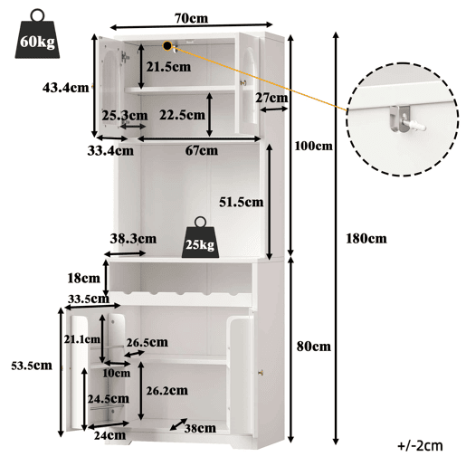 Conjunto de 2 vitrinas altas de 180 cm u2014 com LED RGB controlável por aplicação, portas de vidro, suporte para garrafas e prateleiras ajustáveis u2014 branco