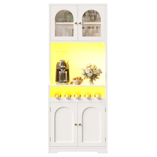 Conjunto de 2 vitrinas altas de 180 cm u2014 com LED RGB controlável por aplicação, portas de vidro, suporte para garrafas e prateleiras ajustáveis u2014 branco
