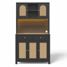 Armário de cozinha 100 x 40 x 180 cm - com iluminação LED, tomadas, 5 portas de rattan e 2 gavetas - Preto