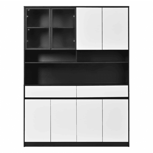 Aparador alto de 80 cm u2013 com vitrina de vidro, prateleiras abertas, iluminação LED RGB regulável por app u2013 Preto e branco