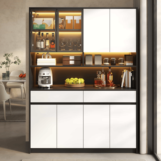 Aparador alto de 80 cm u2013 com vitrina de vidro, prateleiras abertas, iluminação LED RGB regulável por app u2013 Preto e branco