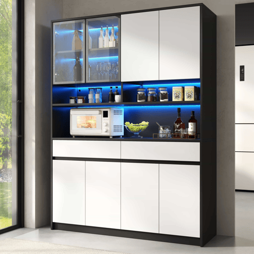 Aparador alto de 80 cm u2013 com vitrina de vidro, prateleiras abertas, iluminação LED RGB regulável por app u2013 Preto e branco