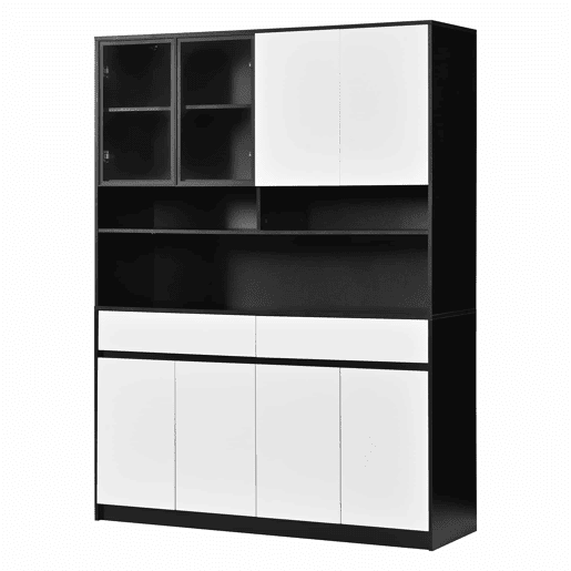 Aparador alto de 80 cm u2013 com vitrina de vidro, prateleiras abertas, iluminação LED RGB regulável por app u2013 Preto e branco