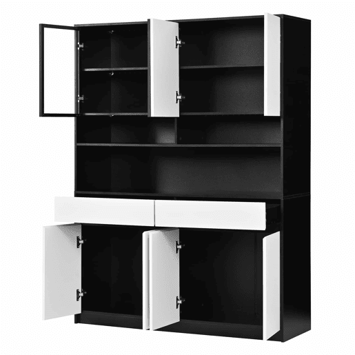 Aparador alto de 80 cm u2013 com vitrina de vidro, prateleiras abertas, iluminação LED RGB regulável por app u2013 Preto e branco