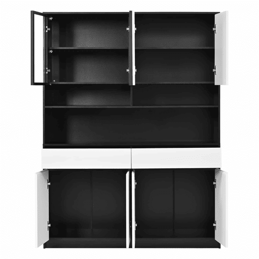 Aparador alto de 80 cm u2013 com vitrina de vidro, prateleiras abertas, iluminação LED RGB regulável por app u2013 Preto e branco