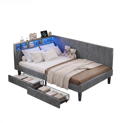 Cama estofada de 140x200 cm com estrado de ripas, cama de veludo com 2 gavetas, iluminação LED, porta de carregamento USB e Tipo-C, sofá-cama 2 em 1, cinza