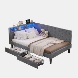 Cama estofada de 140x200 cm com estrado de ripas, cama de veludo com 2 gavetas, iluminação LED, porta de carregamento USB e Tipo-C, sofá-cama 2 em 1, cinza
