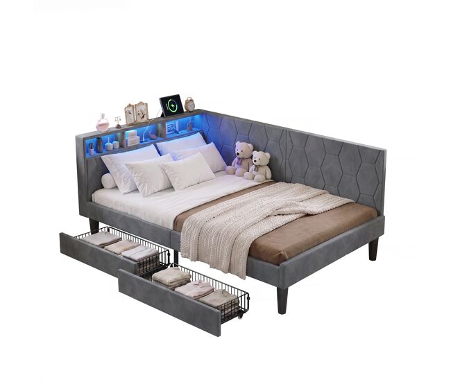 Cama tapizada de 140x200 cm con somier de láminas, cama de terciopelo con 2 cajones, iluminación led, puerto de carga usb y tipo c, sofá cama 2 en 1,