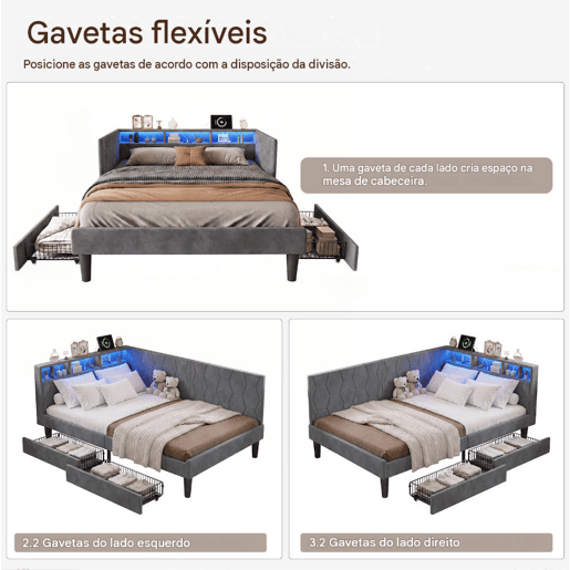 Cama estofada de 140x200 cm com estrado de ripas, cama de veludo com 2 gavetas, iluminação LED, porta de carregamento USB e Tipo-C, sofá-cama 2 em 1, cinza