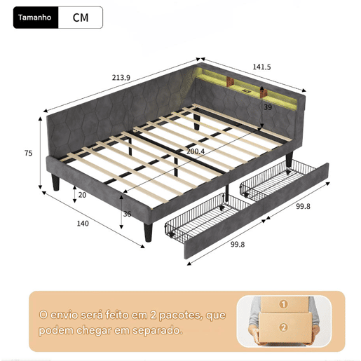 Cama estofada de 140x200 cm com estrado de ripas, cama de veludo com 2 gavetas, iluminação LED, porta de carregamento USB e Tipo-C, sofá-cama 2 em 1, cinza