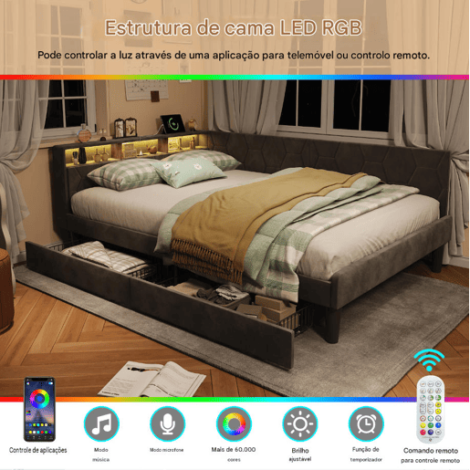 Cama estofada de 140x200 cm com estrado de ripas, cama de veludo com 2 gavetas, iluminação LED, porta de carregamento USB e Tipo-C, sofá-cama 2 em 1, cinza