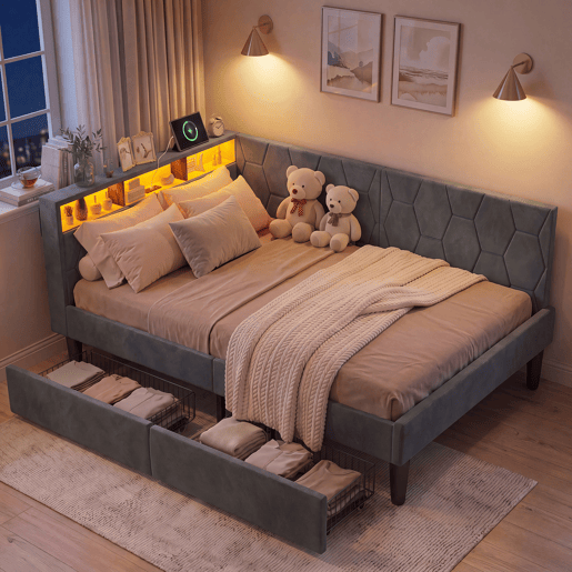 Cama estofada de 140x200 cm com estrado de ripas, cama de veludo com 2 gavetas, iluminação LED, porta de carregamento USB e Tipo-C, sofá-cama 2 em 1, cinza