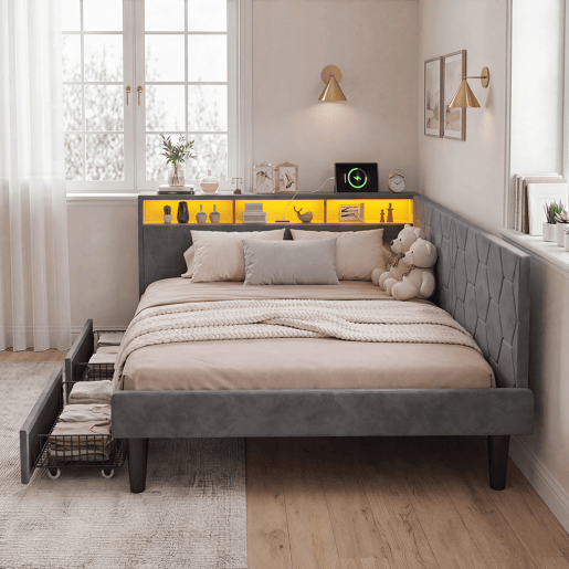 Cama estofada de 140x200 cm com estrado de ripas, cama de veludo com 2 gavetas, iluminação LED, porta de carregamento USB e Tipo-C, sofá-cama 2 em 1, cinza