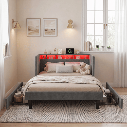 Cama estofada de 140x200 cm com estrado de ripas, cama de veludo com 2 gavetas, iluminação LED, porta de carregamento USB e Tipo-C, sofá-cama 2 em 1, cinza