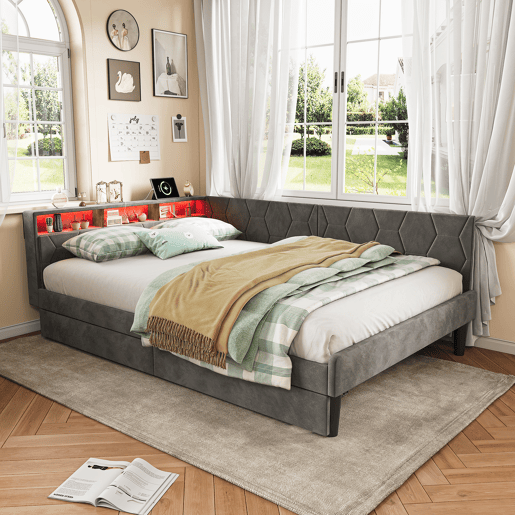 Cama estofada de 140x200 cm com estrado de ripas, cama de veludo com 2 gavetas, iluminação LED, porta de carregamento USB e Tipo-C, sofá-cama 2 em 1, cinza