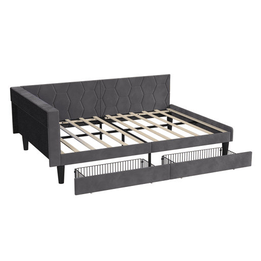 Cama estofada de 140x200 cm com estrado de ripas, cama de veludo com 2 gavetas, iluminação LED, porta de carregamento USB e Tipo-C, sofá-cama 2 em 1, cinza