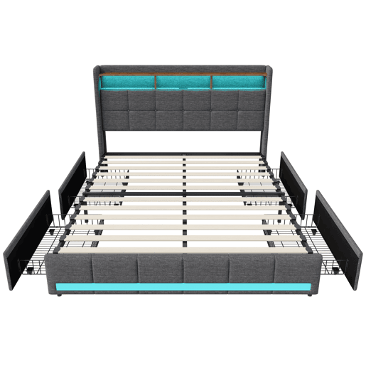 Cama estofada 160x200 cm com 4 gavetas, LED, USB, cabeceira com espaço de armazenamento, estrado de ripas, cinza