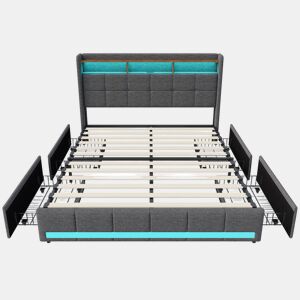 Cama estofada 160x200 cm com 4 gavetas, LED, USB, cabeceira com espaço de armazenamento, estrado de ripas, cinza