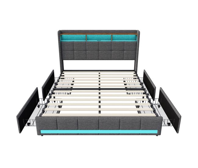 Cama tapizada de 160x200 cm con 4 cajones, led, usb, cabecero con espacio de almacenamiento, somier de láminas, color gris.