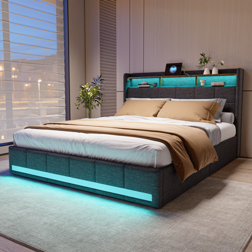 Cama estofada 160x200 cm com 4 gavetas, LED, USB, cabeceira com espaço de armazenamento, estrado de ripas, cinza