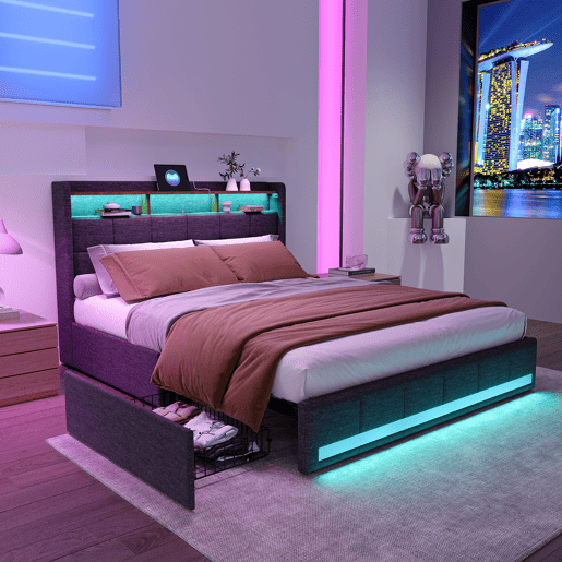 Cama estofada 160x200 cm com 4 gavetas, LED, USB, cabeceira com espaço de armazenamento, estrado de ripas, cinza