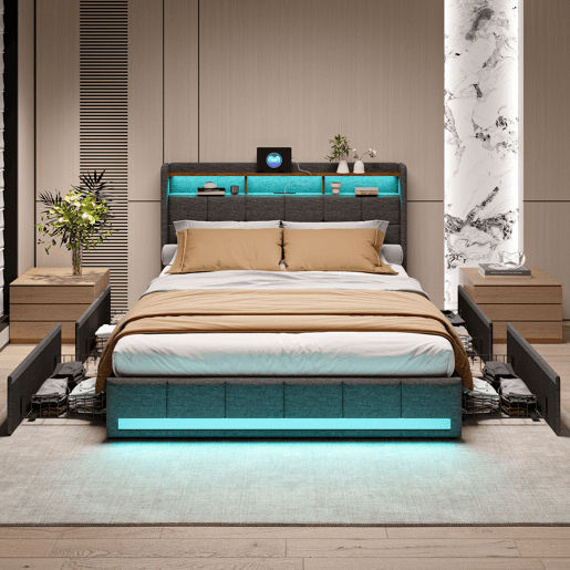 Cama estofada 160x200 cm com 4 gavetas, LED, USB, cabeceira com espaço de armazenamento, estrado de ripas, cinza