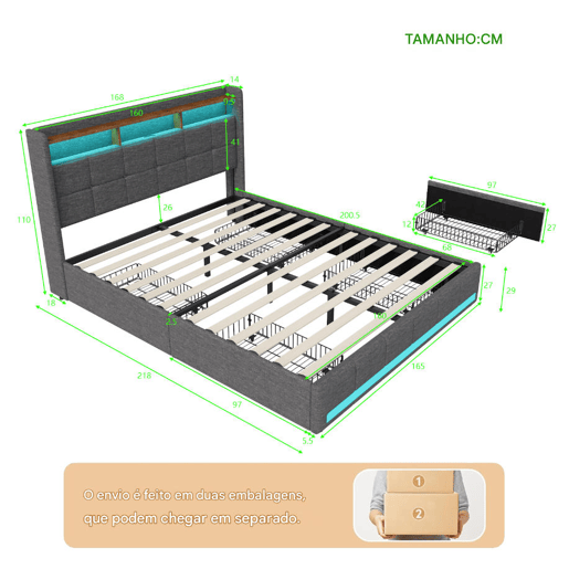 Cama estofada 160x200 cm com 4 gavetas, LED, USB, cabeceira com espaço de armazenamento, estrado de ripas, cinza