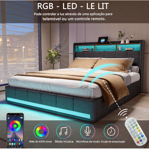 Cama estofada 160x200 cm com 4 gavetas, LED, USB, cabeceira com espaço de armazenamento, estrado de ripas, cinza