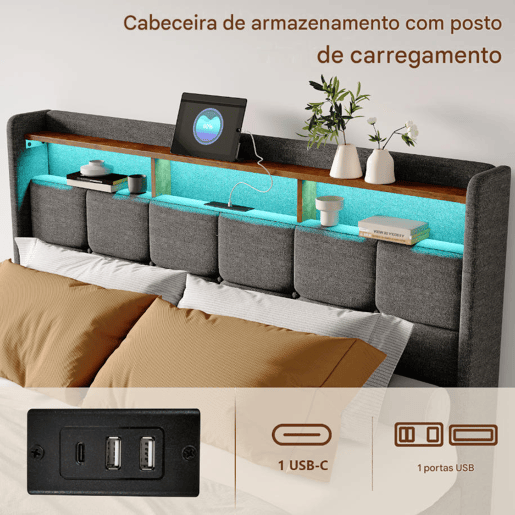 Cama estofada 160x200 cm com 4 gavetas, LED, USB, cabeceira com espaço de armazenamento, estrado de ripas, cinza