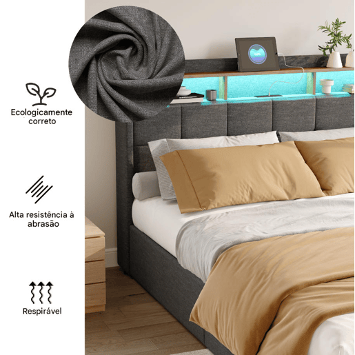 Cama estofada 160x200 cm com 4 gavetas, LED, USB, cabeceira com espaço de armazenamento, estrado de ripas, cinza