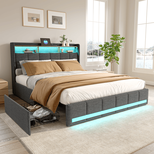 Cama estofada 160x200 cm com 4 gavetas, LED, USB, cabeceira com espaço de armazenamento, estrado de ripas, cinza