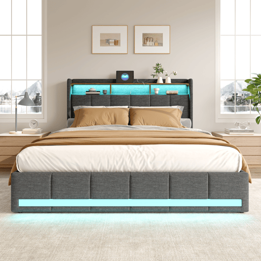 Cama estofada 160x200 cm com 4 gavetas, LED, USB, cabeceira com espaço de armazenamento, estrado de ripas, cinza