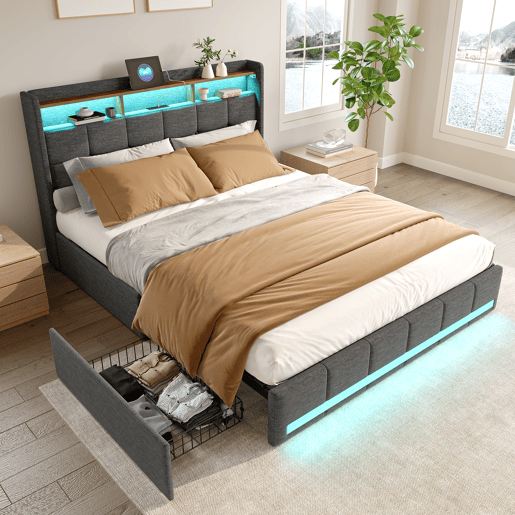 Cama estofada 160x200 cm com 4 gavetas, LED, USB, cabeceira com espaço de armazenamento, estrado de ripas, cinza