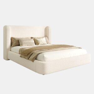 Cama estofada 180x200 cm - de casal, com base de colchão e cabeceira acolchoada em bouclé - bege
