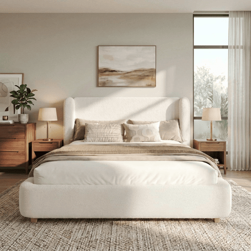 Cama estofada 180x200 cm - de casal, com base de colchão e cabeceira acolchoada em bouclé - bege Cama estofada 180x200 cm - de casal, com base de colchão e cabeceira acolchoada em bouclé - bege
