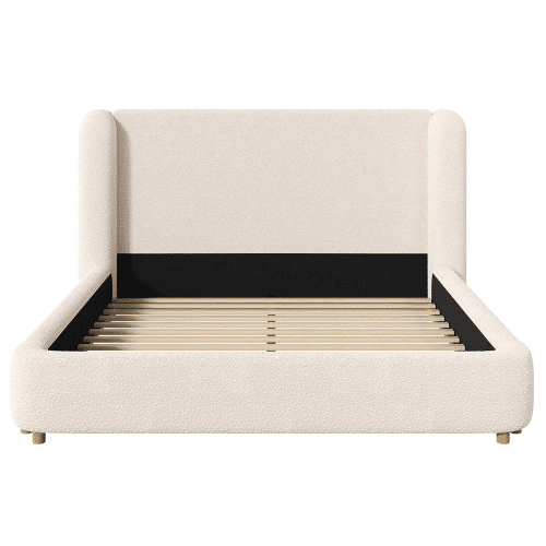 Cama estofada 180x200 cm - de casal, com base de colchão e cabeceira acolchoada em bouclé - bege Cama estofada 180x200 cm - de casal, com base de colchão e cabeceira acolchoada em bouclé - bege