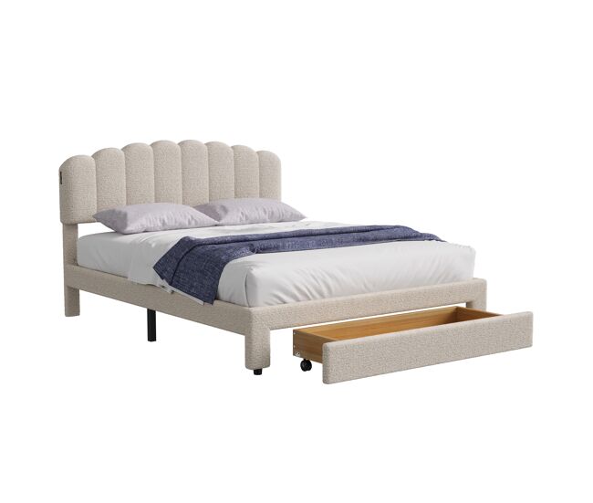 Cama tapizada 140x200cm con USB y cajones, cama doble juvenil con somier, cama de madera con canapé, cama clásica, lana de oveja, beige